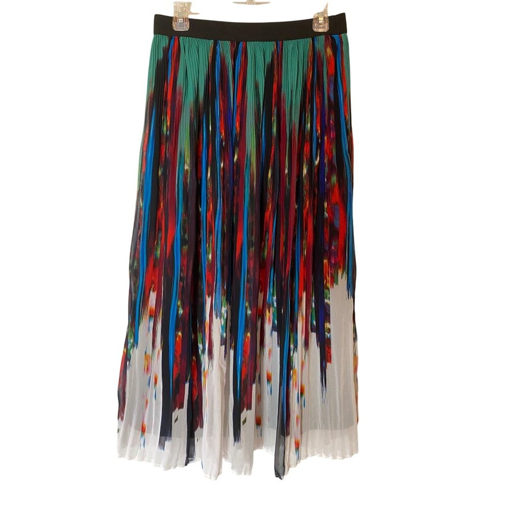 NY Collection Colorful Pleated Midi Skirt Abstract Paint-Like Pattern Small